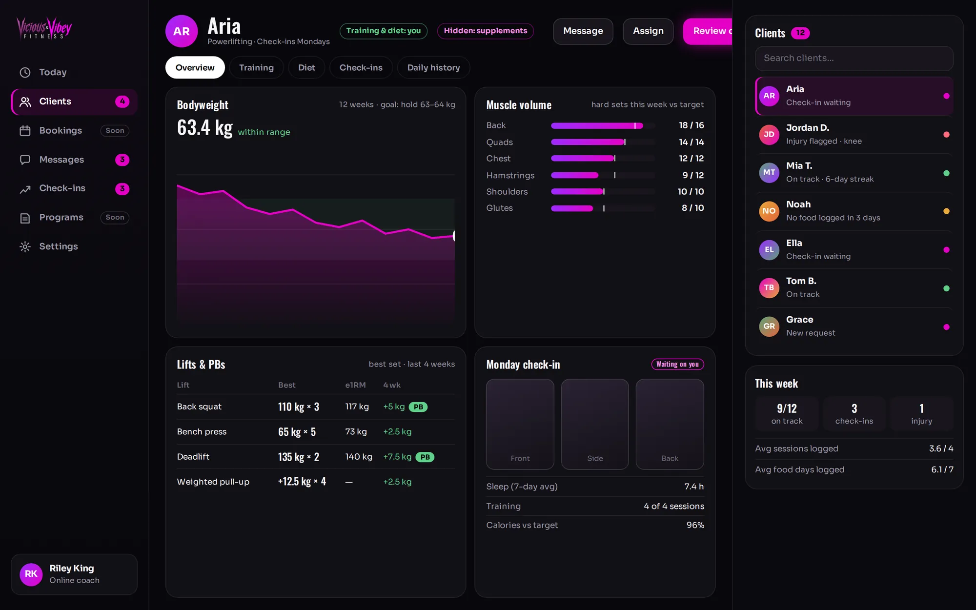 The Vicious & Vibey coach portal on desktop: a client’s bodyweight trend, weekly muscle volume, lifts and PBs, and their check-in, beside the client roster
