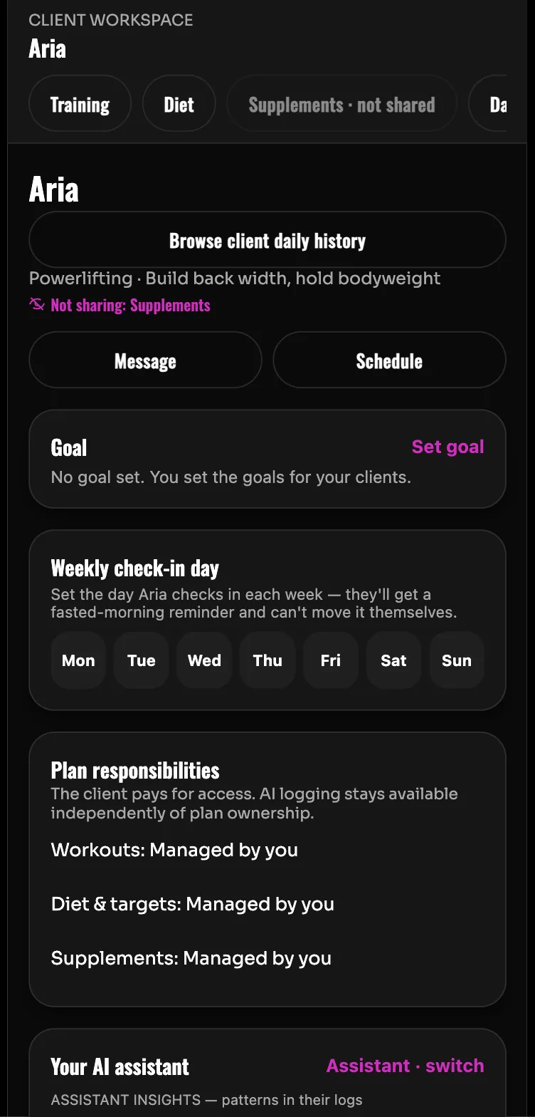 The client workspace in the Vicious & Vibey app, showing a client’s goal, check-in day and plan responsibilities