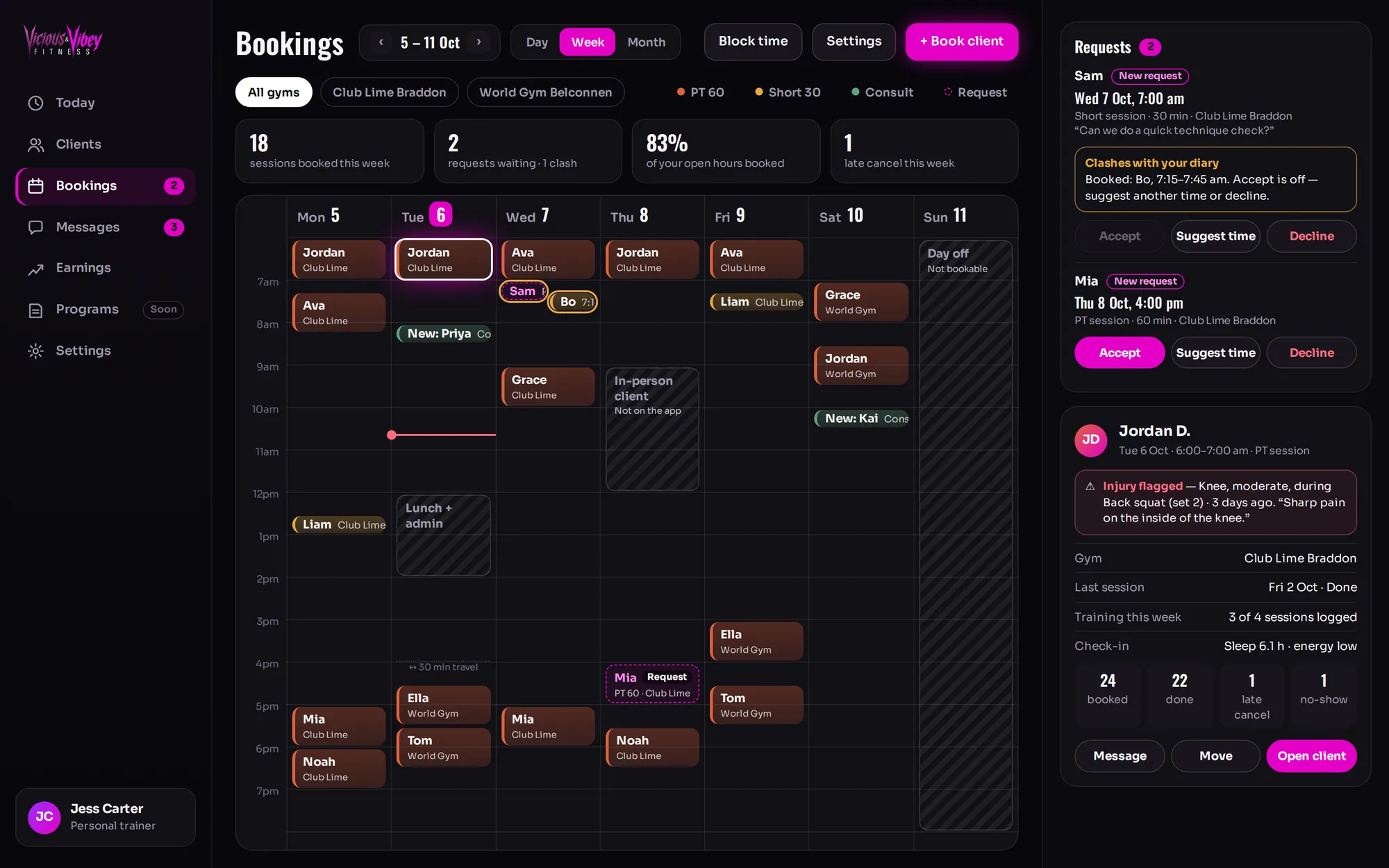 Design preview of the bookings calendar for personal trainers: a week of sessions across two gyms, requests waiting, and a client panel with an injury flag