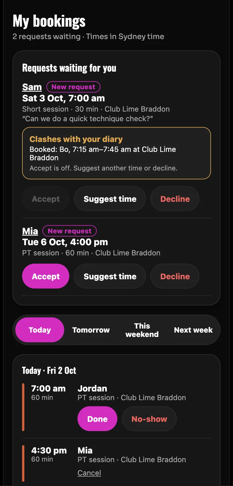 Design preview of the trainer bookings screen in the app